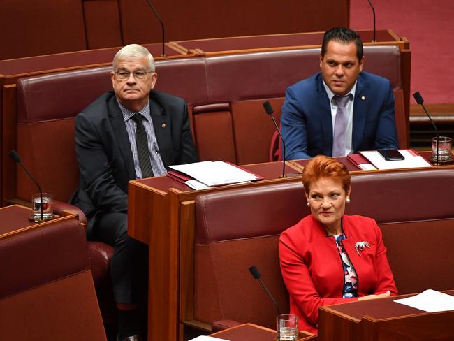 One Nation leader Senator Pauline Hanson, One Nation Senator Brian Burston and One Nation Senator Peter Georgiou during Senate Question Time in the Senate chamber at Parliament House in Canberra, Thursday, March 22, 2018. (AAP Image/Mick Tsikas) NO ARCHIVING