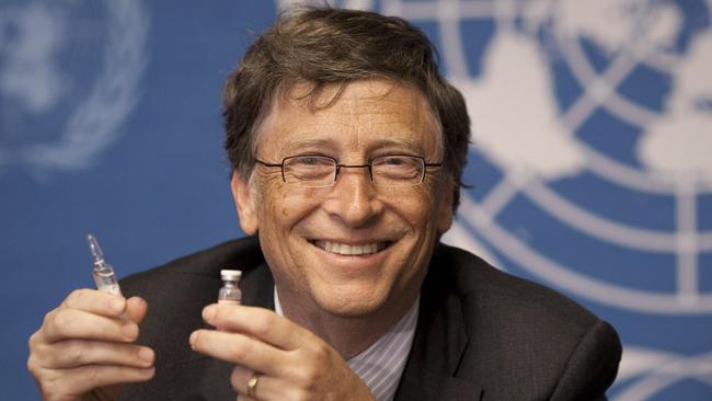 Bill Gates holds a vaccine for meningitis during a news conference at the United Nations headquarters in Geneva. Picture: AP.