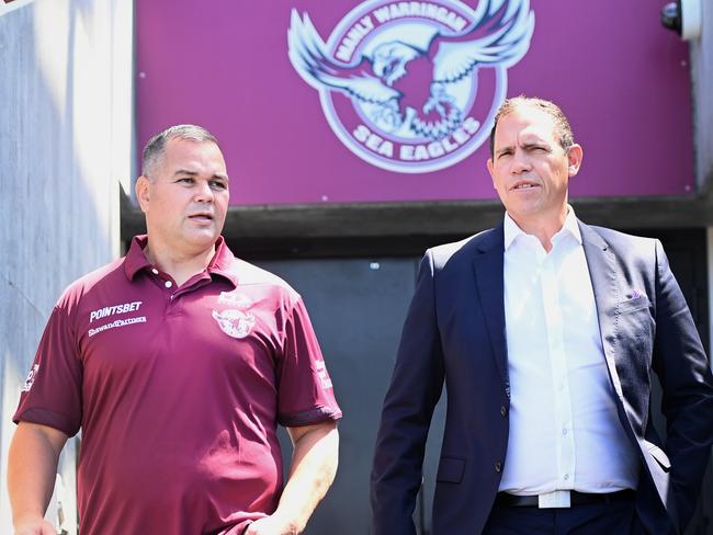 SYDNEY, AUSTRALIA - NOVEMBER 29, 2022: Newly appointed Manly Sea Eagle Coach Anthony Seibold and CEO Tony Mestrov. at Brookvale Oval. Picture: Jeremy Piper