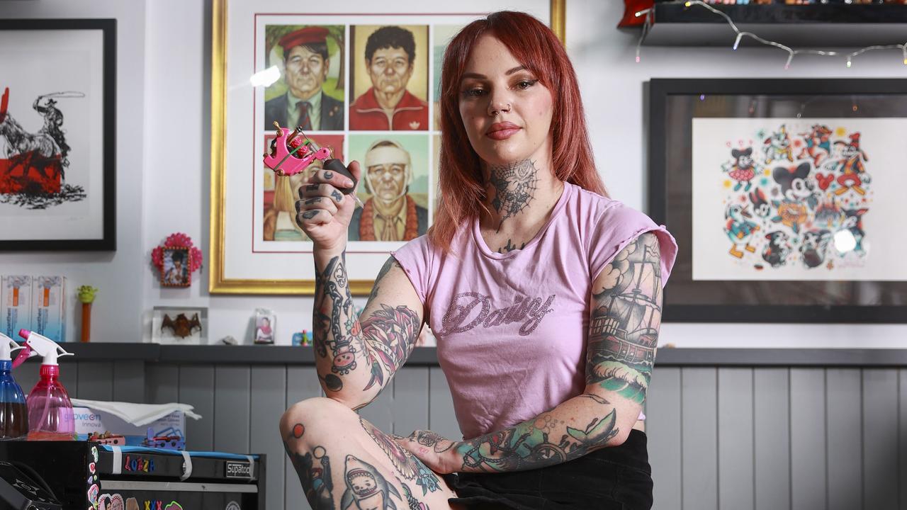 Celebrity tattoo artist Lauren Winzer at her studio, in Beaconsfield, today.Picture: Justin Lloyd.