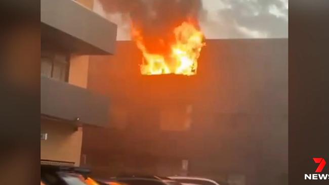 The fire at the Comfort Adelaide Meridien Hotel on Melbourne St around 6.30am on Sunday. Picture: 7 News