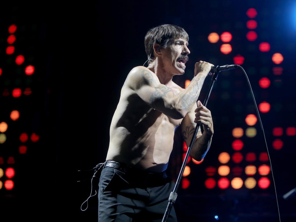 Red Hot Chili Peppers front man Anthony Kiedis performs at the Derwent Entertainment Centre in Hobart. Picture: PATRICK GEE