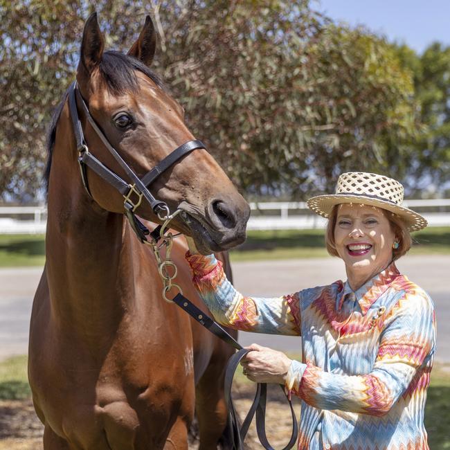 Gai Waterhouse and Just Fine at Flemington Racecourse. Picture: Alex Coppel