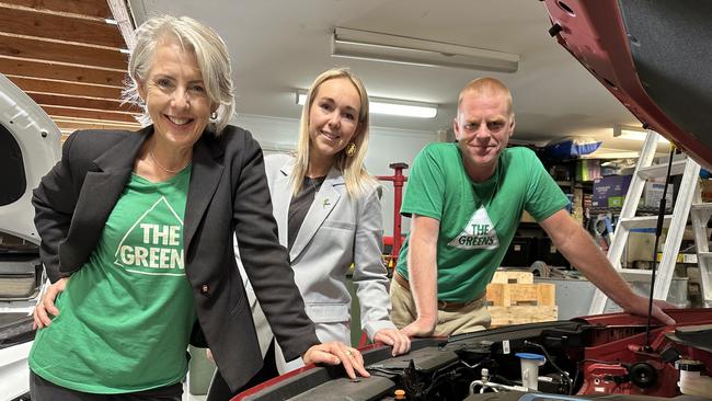 Doctor Rosalie Woodruff leader Tasmanian Greens, Tabatha Badger Greens candidate for Lyons, Vica Bayley Greens member for Clark at The Car Doctor in North Hobart. The Tasmanian Greens will announce their plan to invest in training and support for the green jobs of the future. Picture: Tasmanian Greens