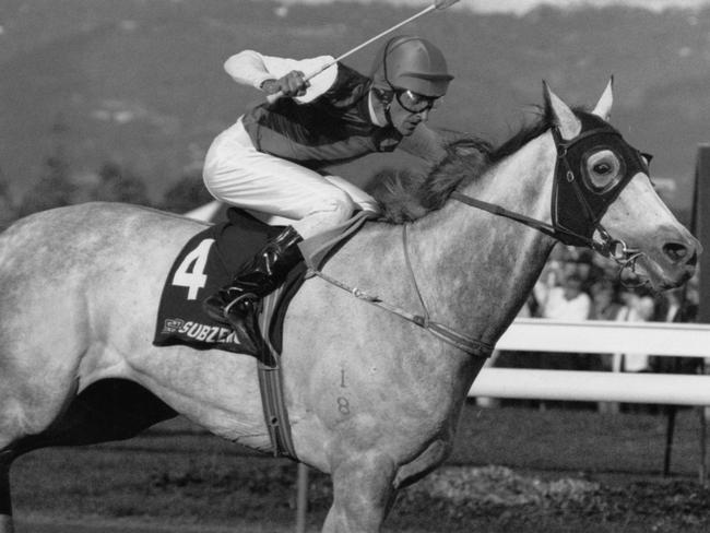 Subzero, ridden by jockey Greg Hall, wins the 1992 Adelaide Cup at Morphettville.