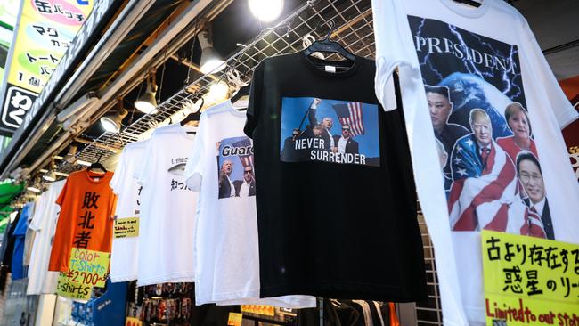 T-shirts featuring President Trump on display in Tokyo. Picture: Getty Images