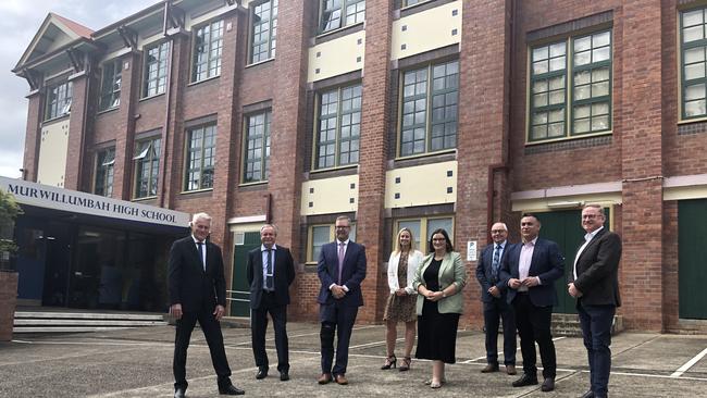 2020: Tweed MP Geoff Provest, education minister Sarah Mitchell, deputy premier John Barilaro and Ben Franklin MLC with the four Murwillumbah principals, announcing the four-year $100 million plan to close four schools and create a mega campus.