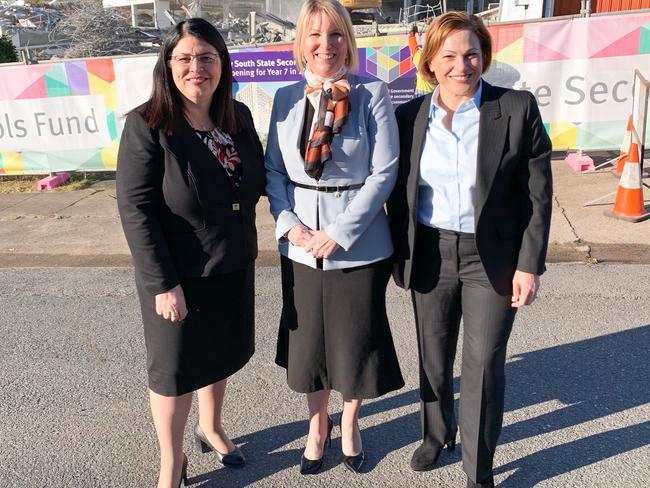 Education Minister Grace Grace (left) and Member for South Brisbane Jackie Trad (right) with Inner City South State Secondary College foundation principal Kirsten Ferdinands at the school site