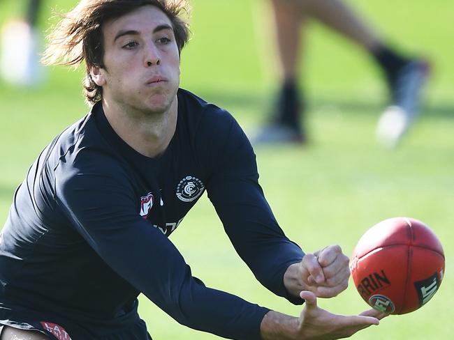 Caleb Marchbank of the Carlton Blues in action during a Carlton Blues training session at Ikon Park, Princess Hill, Melbourne, Friday, June 7, 2019. David Teague will lead the Blues for the first time on Saturday when they host Brisbane at Marvel Stadium, having taken over after Brendon Bolton was sacked earlier in the week. (AAP Image/James Ross) NO ARCHIVING