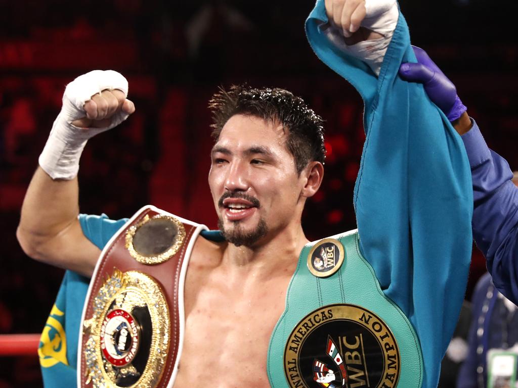 LAS VEGAS, NEVADA - NOVEMBER 20: Janibek Alimkhanuly is declared the winner by referee Kenny Bayless after defeating Hassan N'Dam N'Jikam in a middleweight bout at Michelob ULTRA Arena on November 20, 2021 in Las Vegas, Nevada. Alimkhanuly won the fight with an eighth-round TKO. (Photo by Steve Marcus/Getty Images)