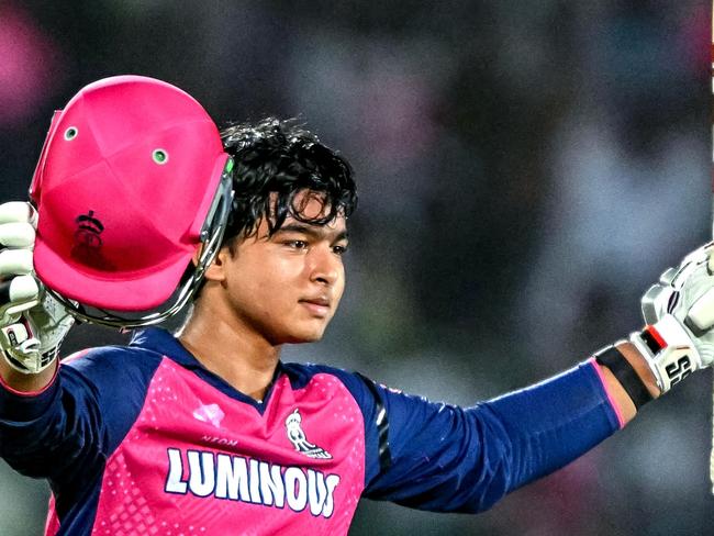 Rajasthan Royals' Vaibhav Suryavanshi celebrates after scoring a century (100 runs) during the Indian Premier League (IPL) Twenty20 cricket match between Rajasthan Royals and Gujarat Titans at the Sawai Mansingh Stadium in Jaipur on April 28, 2025. (Photo by Sajjad HUSSAIN / AFP) / -- IMAGE RESTRICTED TO EDITORIAL USE - STRICTLY NO COMMERCIAL USE --