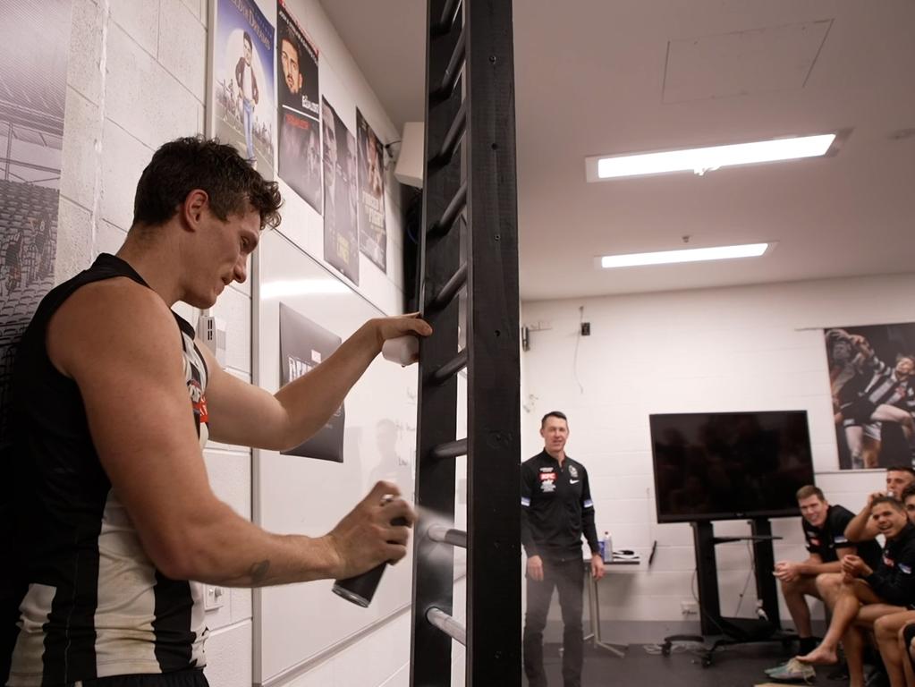 Brody Mihocek with the ladder in the team meeting room. Picture: Supplied/Take The Steps