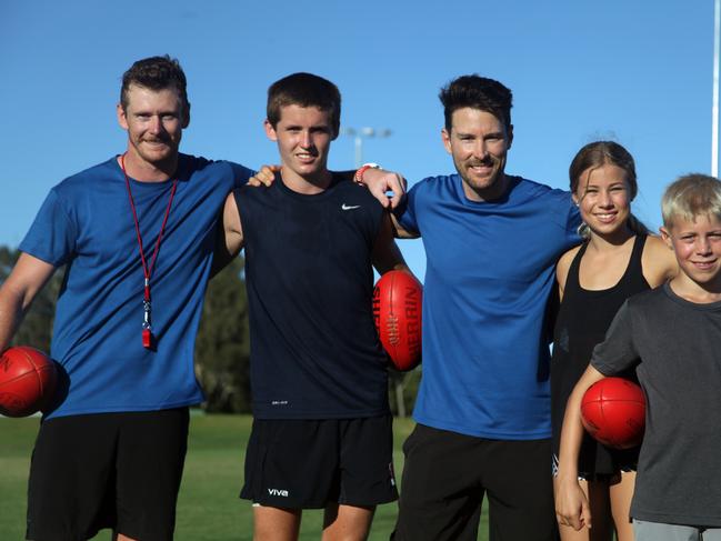 Pictured from left to right, Ryan Davis, Conall Barrett, One on One Football creator Andrew Raines, Saorise Harding and Jesse Harding. Picture: Supplied.