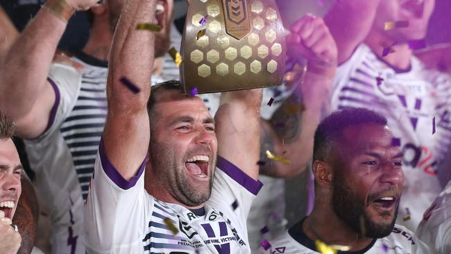 Cameron Smith of the Storm lifts the Premiership Trophy during the 2020 NRL Grand Final match between the Penrith Panthers and the Melbourne Storm at ANZ Stadium on October 25, 2020 in Sydney, Australia. (Photo by Mark Kolbe/Getty Images)