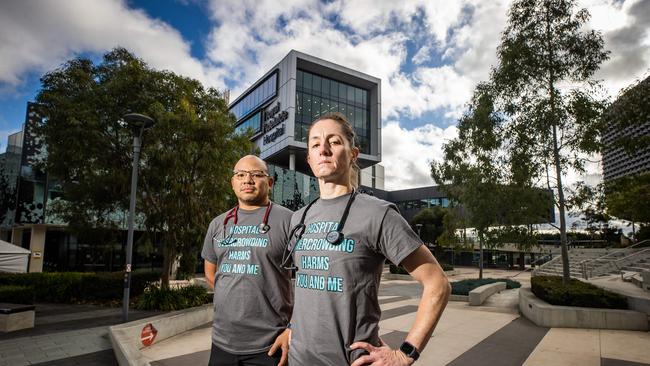 Dr Lesley Ng and Dr Julianne Schliebs at the Royal Adelaide Hospital ED wearing the SASMOA protest slogan t-shirts. Picture: Tom Huntley