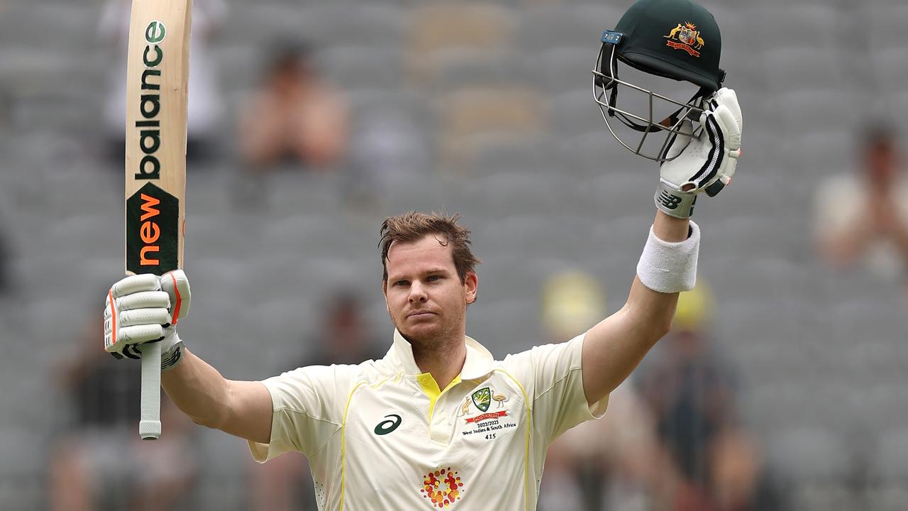 PERTH, AUSTRALIA - DECEMBER 01: Steve Smith of Australia celebrates reaching a century during day two of the First Test match between Australia and the West Indies at Optus Stadium on December 01, 2022 in Perth, Australia. (Photo by Cameron Spencer/Getty Images)