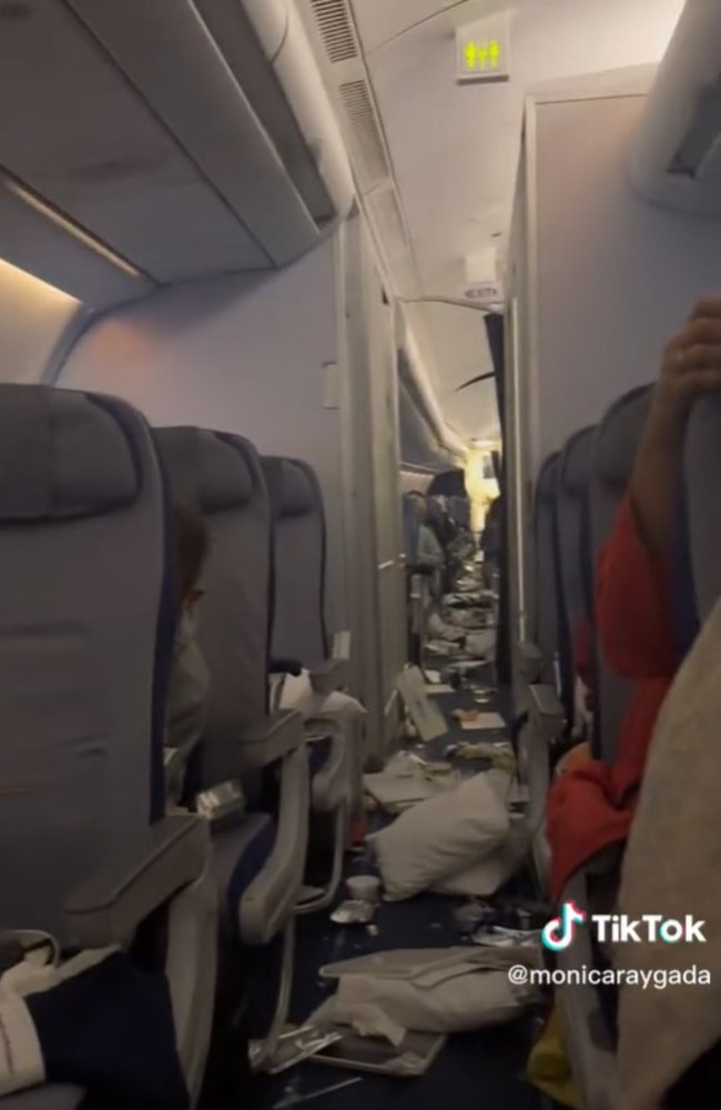 After the incident, the cabin was littered with items that had fallen during the turbulence. Picture: Instagram/monicaraygada