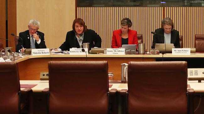 Senators during the Finance and Public Administration References committee inquiry into the Compliance by former Ministers of State. Picture: Kym Smith