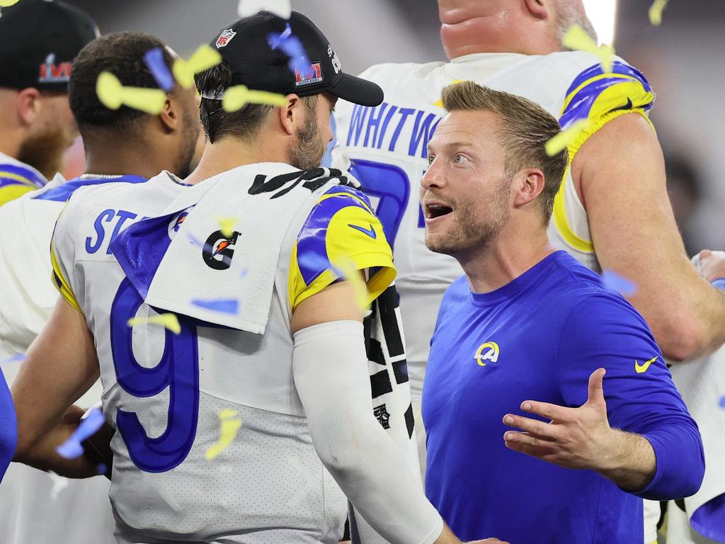 Rams coach Sean McVay and QB Matthew Stafford celebrate after Super Bowl LVI. Picture: Andy Lyons/Getty Images