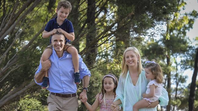 Peter Malinauskas with wife Annabel and kids Jack, Sophia and Eliza at Golden Grove. Picture: Roy VanDerVegt