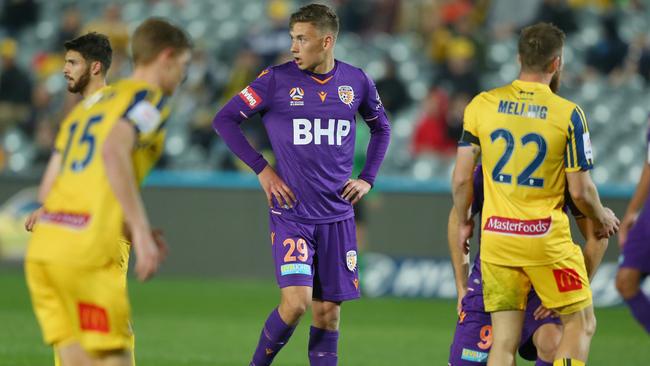 GOSFORD, AUSTRALIA - JULY 18: Kristian Popovic of Perth Glory reacts to a missed penalty during the round 29 A-League match between the Perth Glory and the Central Coast Mariners at Central Coast Stadium on July 18, 2020 in Gosford, Australia. (Photo by Ashley Feder/Getty Images)