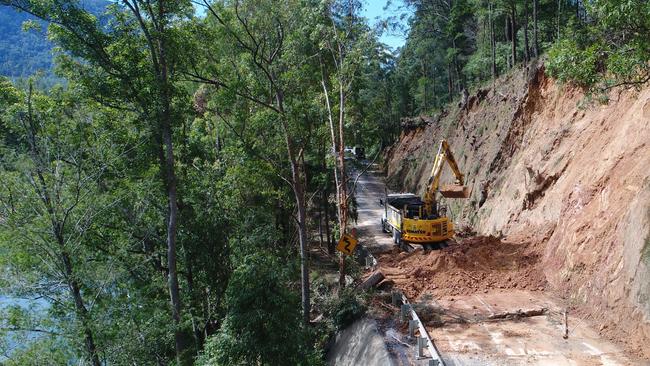 Working to open Waterfall Way again. It's a challenging task with narrow road space to operate machinery and the potential for new land slips and falling trees.