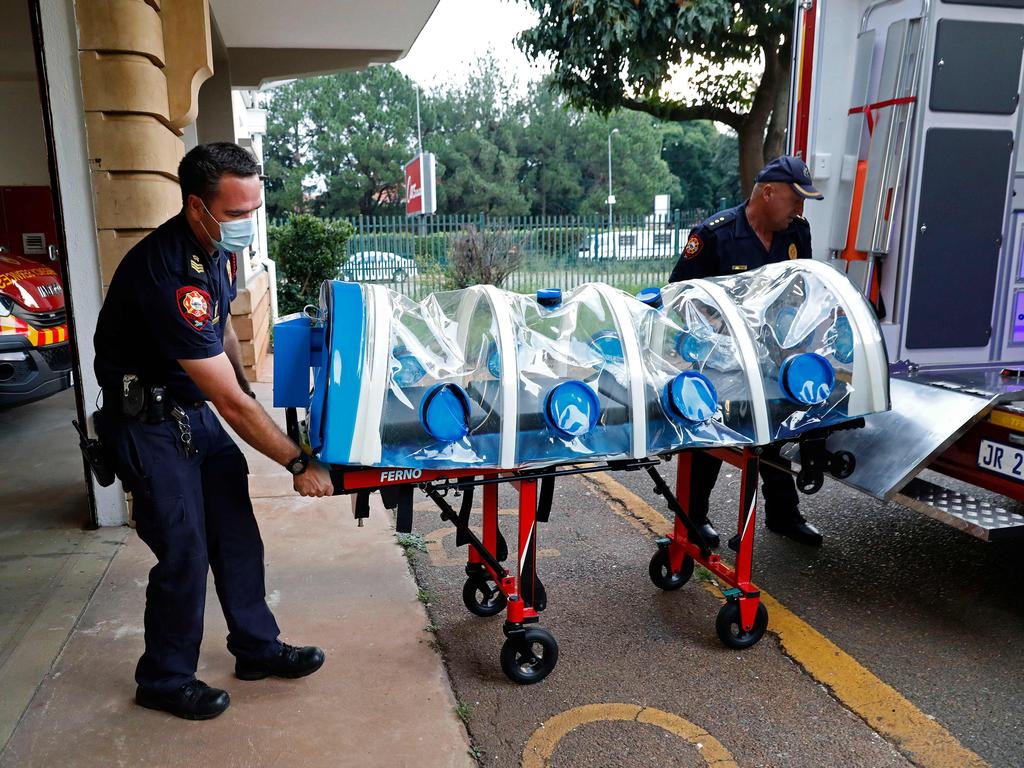 An isolation chamber equipped with a negative pressure filtration system used to transport positive Covid-19 patients at the Hatfield Emergency Station in Pretoria. Picture: Phill Magakoe/AFP