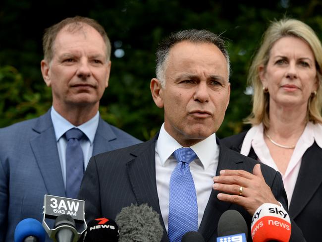 Victorian Opposition leader John Pesutto with deputy leader David Southwick and upper house leader Georgie Crozier. Picture: NCA NewsWire / Andrew Henshaw