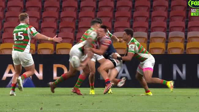 Latrell Mitchell’s controversial high shot on former teammate Joey Manu. Picture: Fox Sports