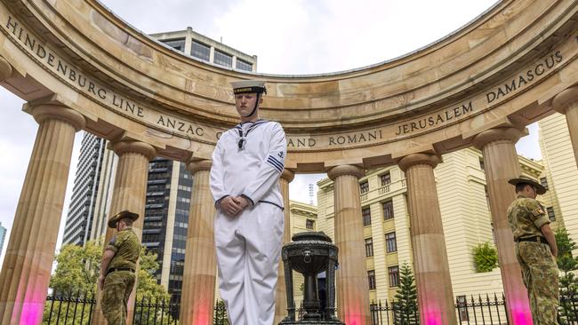 Service personnel at a Legacy event in Brisbane’s Anzac Square this week. Picture: Richard Walker