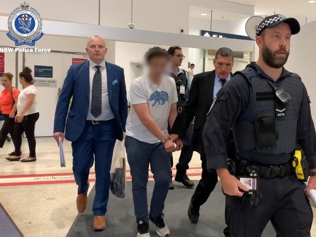 The man was arrested at Sydney Airport on Tuesday morning after arriving on a flight from the US. Picture: NSW Police Force