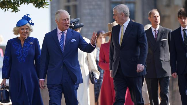 Camilla and Charles seen with Prince Andrew at the Easter Mattins Service at Windsor Castle on Sunday. Picture: Yui Mok – WPA Pool/Getty Images