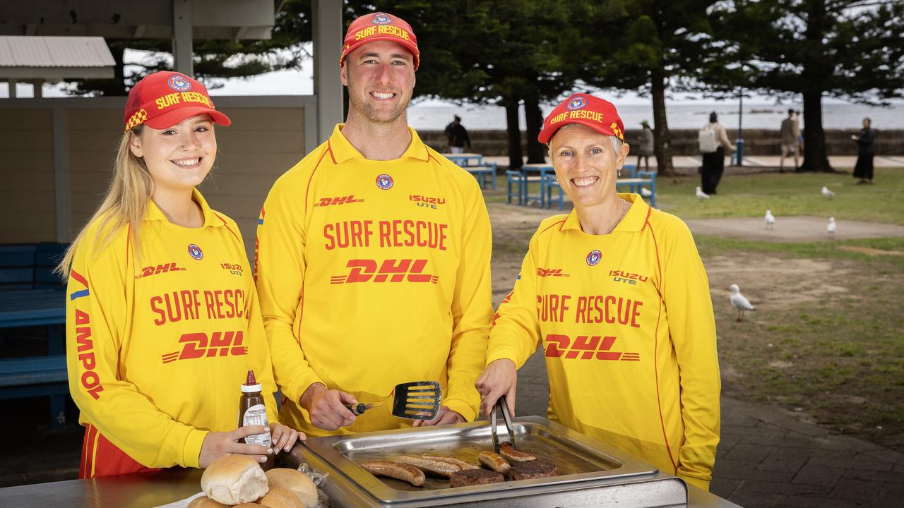 L-R Aimee Charles, Callum Hawkins and Sarah Flynn all of Coogee SLSC cooking at Coogee beach. They will be cooking a bbq for the King of England on his visit to the NSW Community event in Parramatta. Picture: Daily Telegraph / Brendan Read