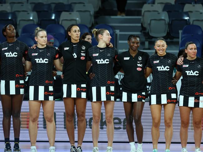 MELBOURNE, AUSTRALIA - MAY 14: The Magpies embrace prior to the round nine Super Netball match between Collingwood Magpies and Giants Netball at John Cain Arena on May 14, 2023 in Melbourne, Australia. (Photo by Graham Denholm/Getty Images)