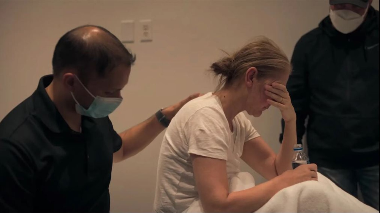 Celine Dion shows herself in pain in a harrowing scene. Picture: Amazon Prime