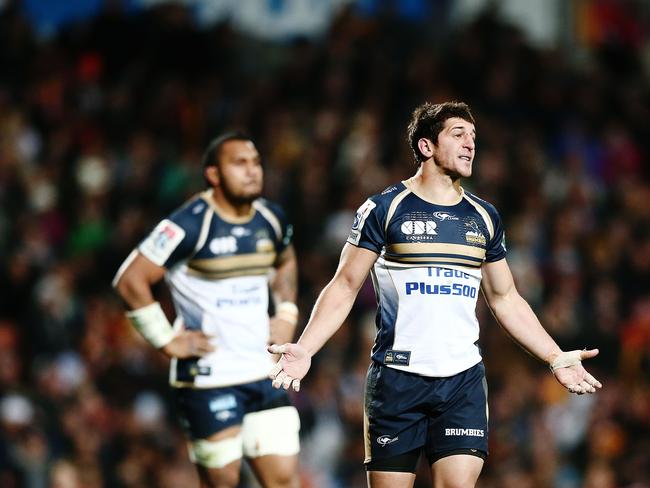 HAMILTON, NEW ZEALAND - JULY 15:  Tomas Cubelli of the Brumbies reacts during the round 17 Super Rugby match between the Chiefs and the Brumbies at Waikato Stadium on July 15, 2017 in Hamilton, New Zealand.  (Photo by Anthony Au-Yeung/Getty Images)