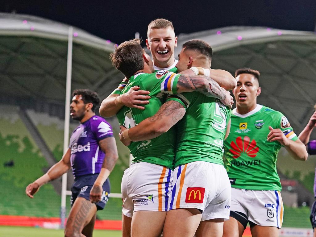 The Canberra Raiders celebrated knocking off the Melbourne Storm.