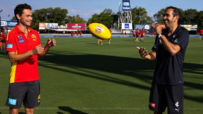 Gold Coast’s Jarrod Harbrow and Carlton’s Eddie Betts share a laugh ahead of their Indigenous Round clash in Darwin. Picture: Getty Images