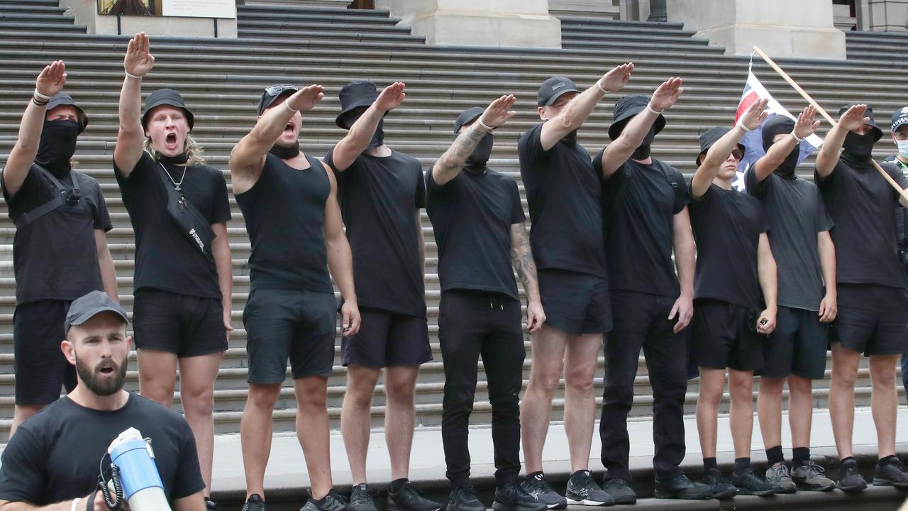 Members of the far-right group performed the ‘Sieg Heil’ Nazi salute on the steps of parliament in Melbourne during the Posie Parker anti-trans protest. Picture: NCA NewsWire/David Crosling