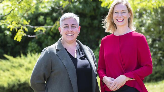 Tasmanian Labor leader Rebecca White with candidate Michelle Dracoulis (Lyons) at St Andrews Park, Hobart. Picture: Chris Kidd