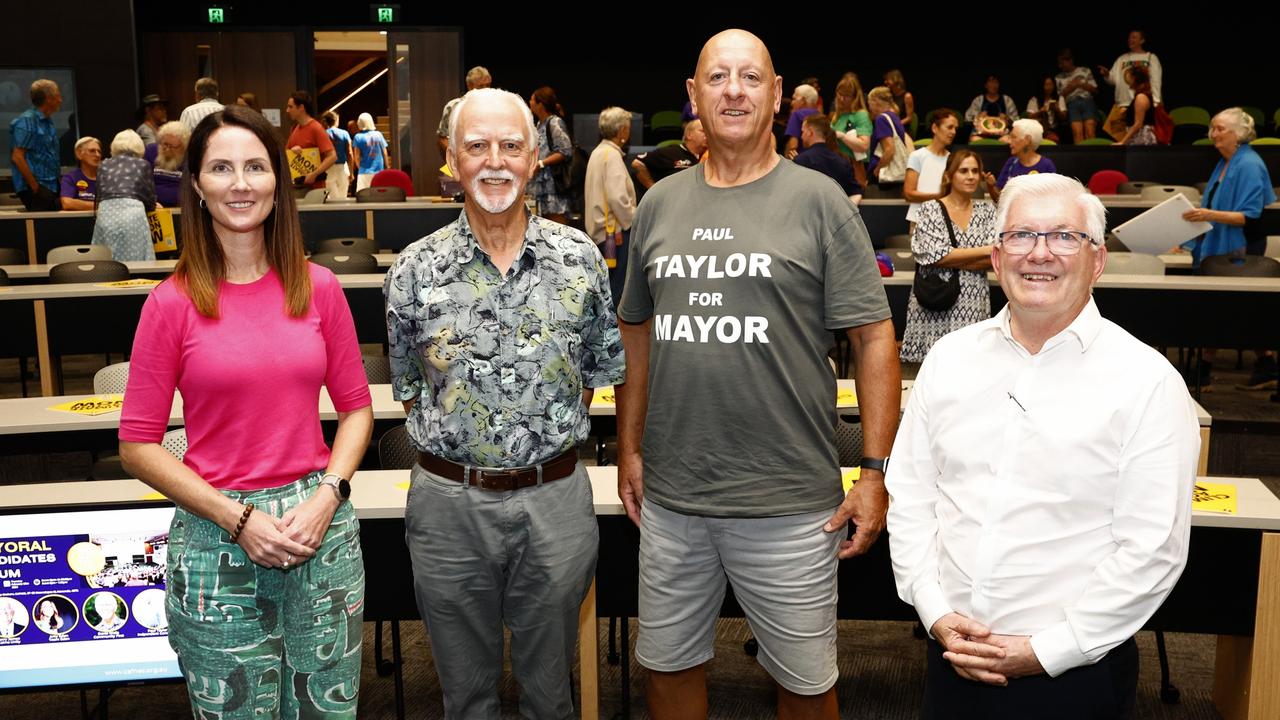 Mayoral candidates Amy Eden, Denis Walls, Paul Taylor and Terry James took part in the Cairns and Far North Environment Centre Mayoral Candidates Forum at the Cairns Institute, at James Cook University Smithfield campus. Picture: Brendan Radke