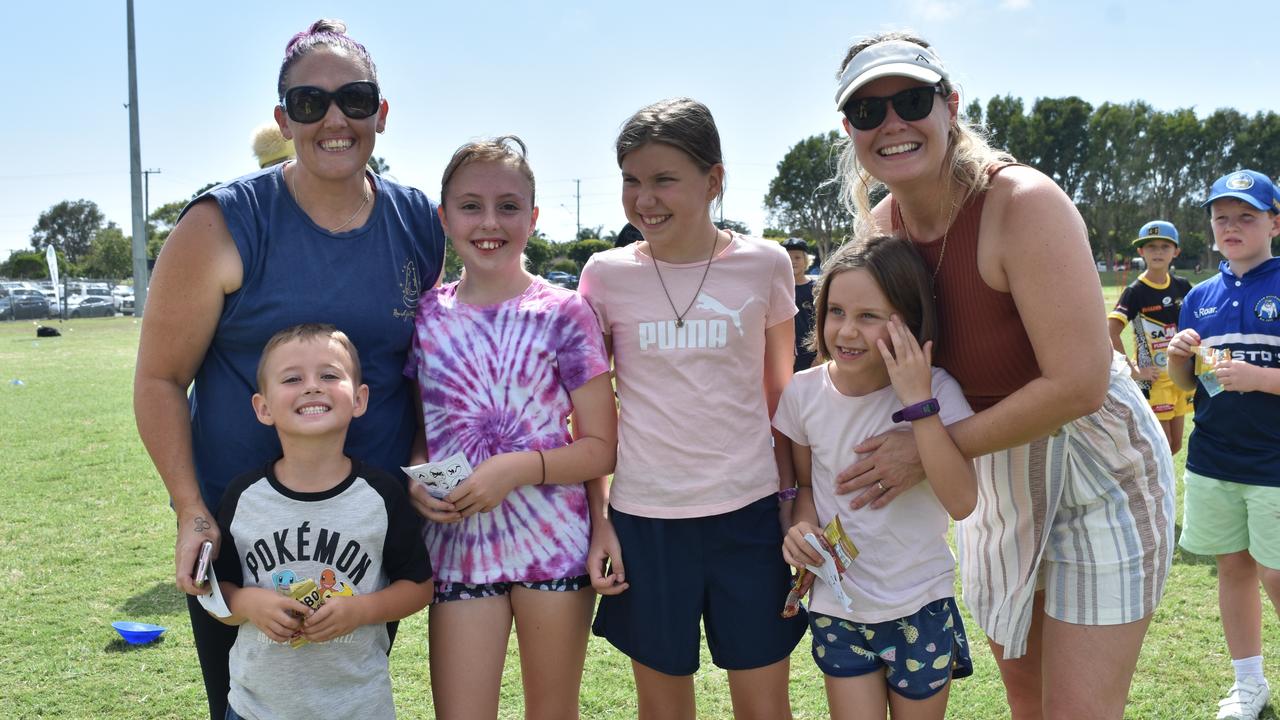 Natalie Fox, Annabelle Greig, Hudson Greig, with Hailey, Emily and Nicki Stevens at the Play Something Unreal rugby league clinic in Kawana. Picture: Sam Turner