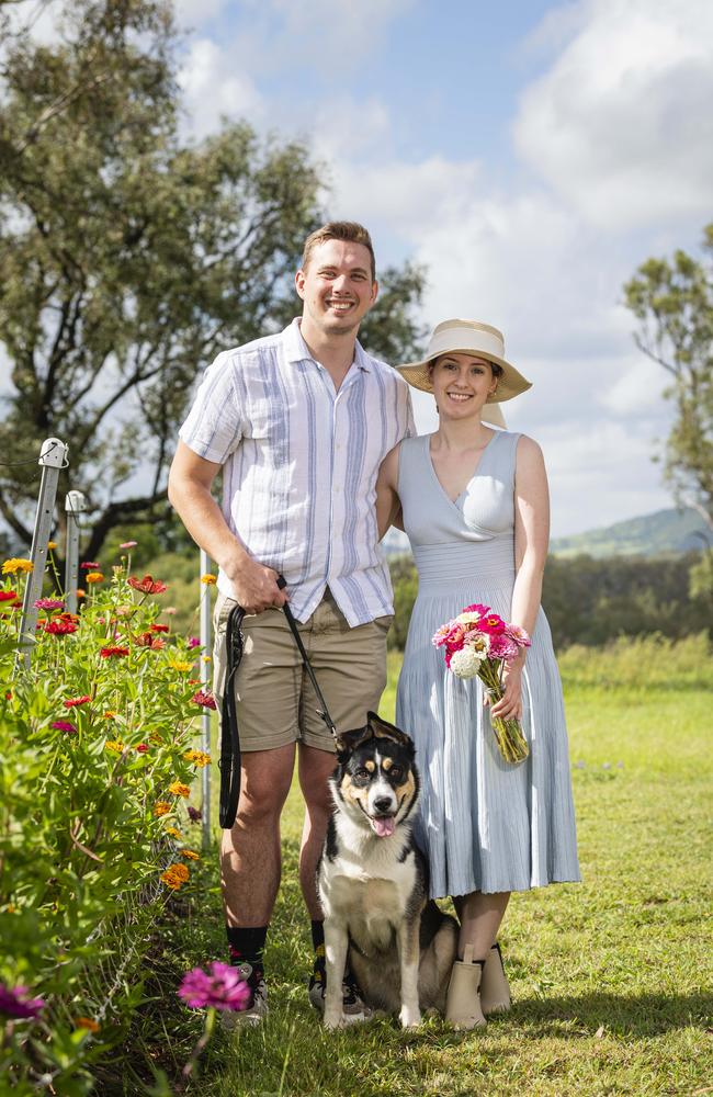 Kieran and Tori Briese with Chia in the flower field as Karinya in the Valley host a pick your own flower session, Saturday, January 4, 2025. Picture: Kevin Farmer