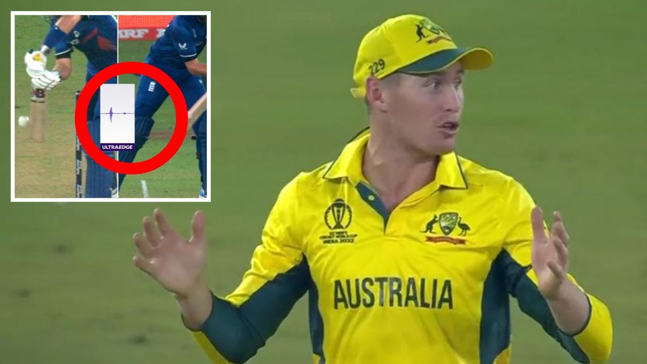 Marnus Labuschagne’s initial reaction and (inset) Snicko proves him correct. Photos: Fox Cricket