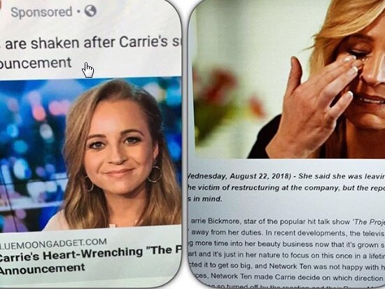 A fake Facebook Ad featuring Carrie Bickmore. Picture: Supplied/Instagram