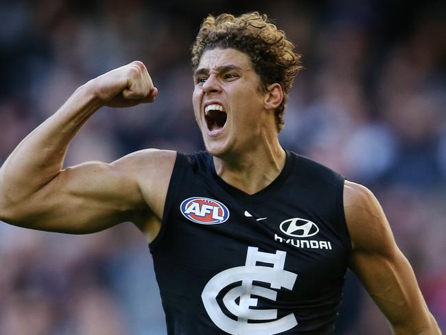 AFL Round 12. 08/06/2019. Carlton v Brisbane Lions at Marvel Stadium, Melbourne.  Charlie Curnow of the Blues celebrates a goal in the 4th qtr   .  Pic: Michael Klein