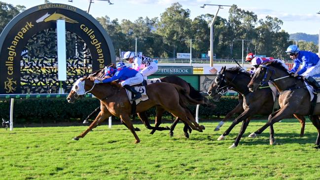 Honkytonk Diva surges late to win the Rockhampton Newmarket for trainer Clinton Taylor and jockey Justin Stanley. Picture: Caught In The Act Photography CQ