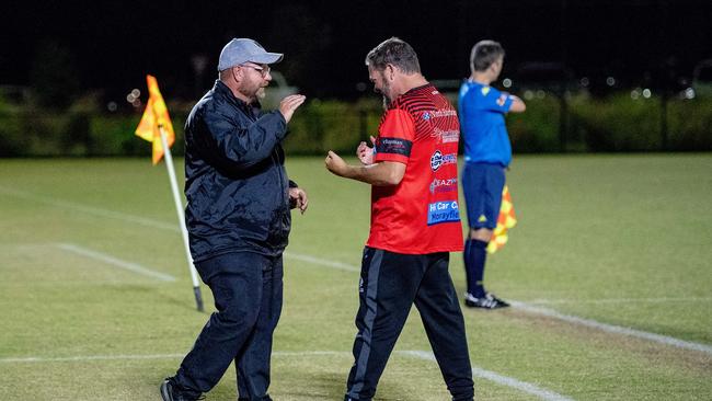 Caboolture Sports FC president Paul Shorter (left) with Russell Standish. Picture: Caboolture Sports Football Club