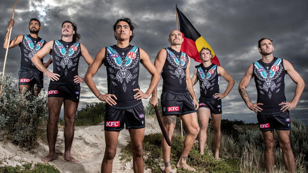 Junior Rioli, Lachie Jones, Jase Burgoyne, Sam Powell-Pepper, Jason Horne-Francis and Jeremy Finlayson wearing Port Adelaide’s Indigenous Jumper. Picture Sarah Reed / AFL PHOTOS