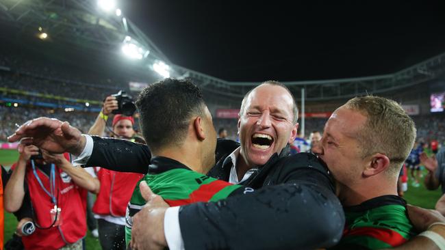 Michael Maguire celebrates after winning the 2014 NRL Grand Final between the South Sydney Rabbitohs and the Canterbury Bankstown Bulldogs. Picture: Gregg Porteous